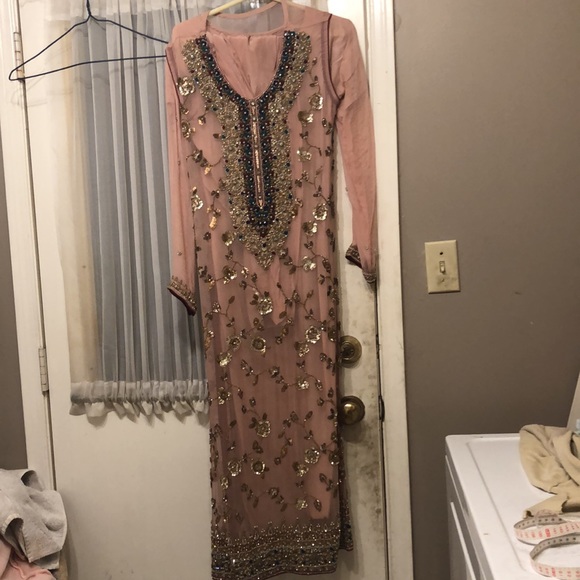 Pakistani (kurta )Chiffon suit 3 piece suit, tea pink - Picture 8 of 11